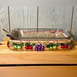 Anchor Hocking 8x11 Glass Baking Casserole Dish VTG Woven Basket Serving Holiday